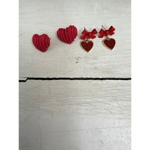 Red Heart Earrings Bundle Glitter Bow Studs 3D Textured Cute Kawaii Valentine‎